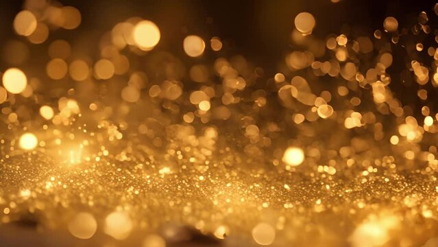 Gold particles abstract background with shining golden Floating Dust Particles Flare Bokeh star on Black Background. Futuristic glittering in space