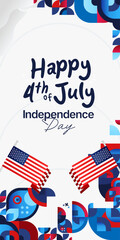 United States Independence Day banner in colorful modern geometric style. USA National Day greeting card cover on 4th of July with country flag. Vertical backgrounds for celebrating national holidays