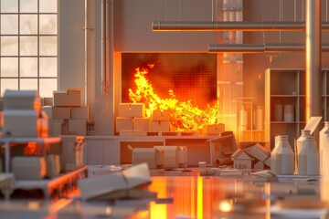 A factory with a fire burning in a box