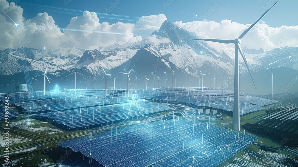 Aufkleber A futuristic look at a solar and wind park with a lot of data flowing in the air. Generative AI.