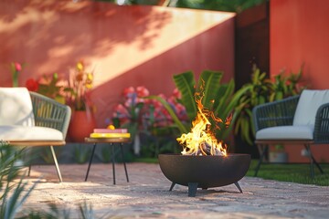 A fire is burning in a fire pit in front of a red wall