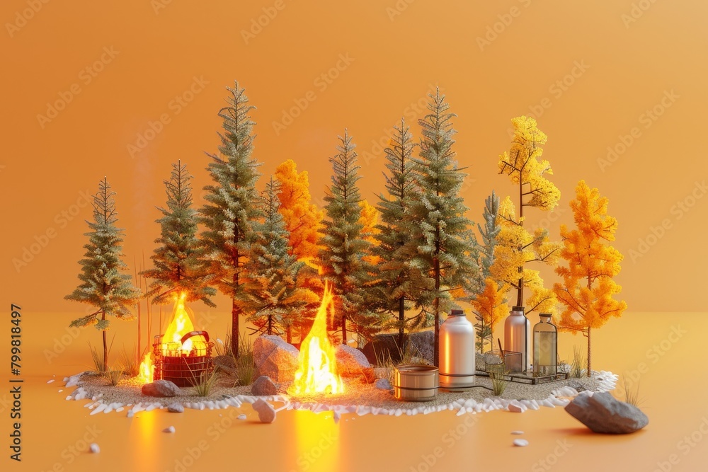 Poster a forest scene with a fire in the middle and a few trees with a few barrels