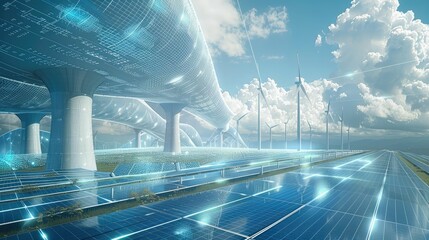 A futuristic look at a solar and wind park with a lot of data flowing in the air. Generative AI.