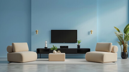 Pastel blue living room with minimalist black TV unit and beige accents.