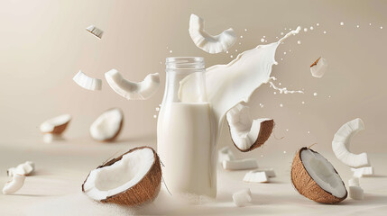 Bottle of coconut milk and sliced coconut flying around on isolated background