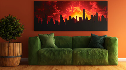 Artistic fiery sunset and city silhouette poster, designed for contemporary living spaces.