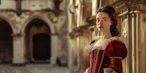 A young woman in Tudor-era attire, standing in a castle courtyard