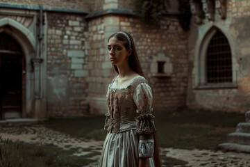 A young woman in Tudor-era attire, standing in a castle courtyard