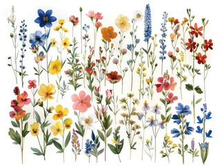 A page of vector wildflowers, isolated images filling the page. White background. Generative AI.