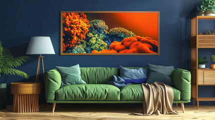 Coral reef scene poster in orange and blue, ideal for living rooms with green couches.