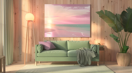 Beach sunset poster in pastel pink and lavender, designed for a living room with a green sofa.