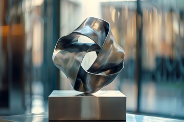 Innovative metal sculpture on sleek steel base crafted with cutting-edge technology. Concept Metal Sculpture, Steel Base, Cutting-Edge Technology, Innovative Design, Contemporary Art