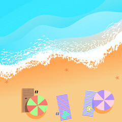 The sea and the foamy waves lapping over the sandy beach for relaxation with sunbeds and umbrellas. Vector illustration Summer vacation on the sea, top view of azure sea and wet sand Some personal
