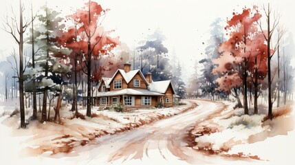 watercolor painting of a house in the woods during winter