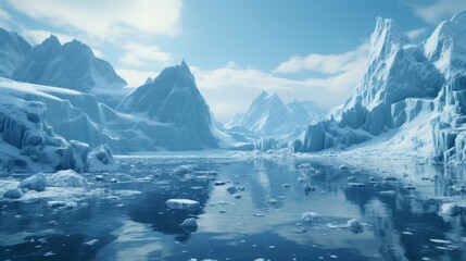 A beautiful arctic landscape with icebergs floating in the water.