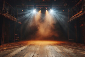 Empty wooden stage with lighting in vintage interior. Light beams