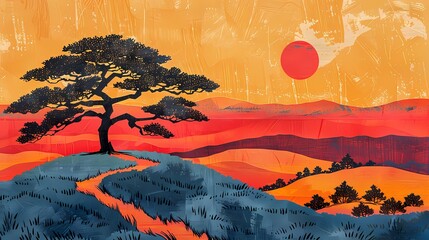 beautiful tree on a hill illustration poster background