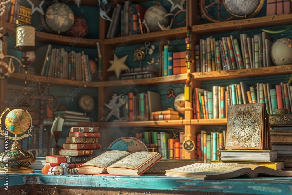 Poster a room with a large bookshelf filled with books and a globe on a table