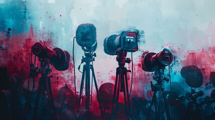 press broadcast on world map background