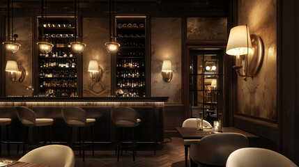 Intimate wine bar atmosphere lit by atmospheric Italian sconces.