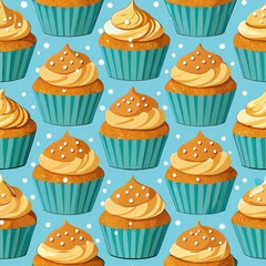 Seamless pattern of salted caramel cupcakes sprinkled with sea salt crystals, Generative AI