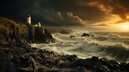A lighthouse on a rocky coast during a storm. The waves are crashing against the rocks and the wind is blowing the trees.