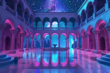 Fototapeta premium A large, empty building with a blue sky and stars in the background