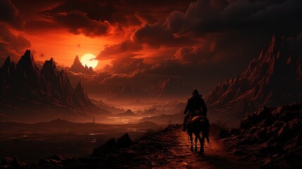 Obraz premium A lone cowboy rides through a desolate landscape. The sky is red and the ground is cracked.