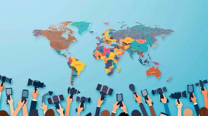 news broadcasting microphones on world map background