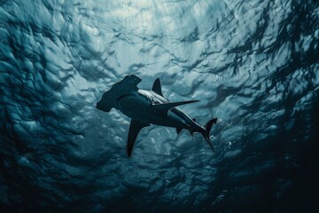 hammerhead shark swimming in the deep blue.