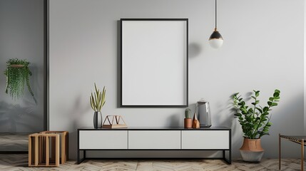 Mockup frame in living room interior with chair and decor, Scandinavian style.3d rendering,  Mock up poster frame in modern interior fully furnished rooms background, living room, ai generated 