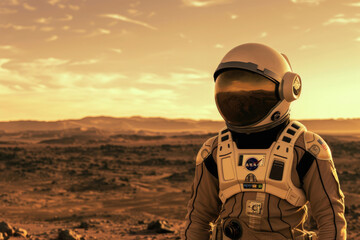 A young woman in a spacesuit, standing on the surface of Mars