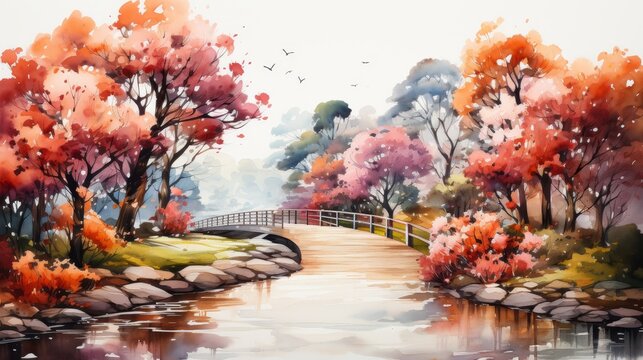 A watercolor painting of a bridge over a river in a park with trees in the fall season.