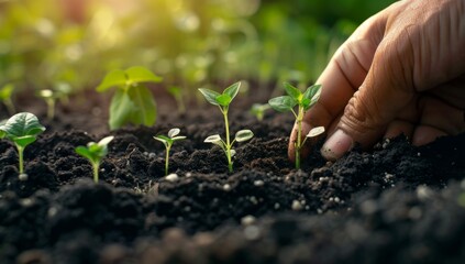 Planting young seedlings or seeds in soil by hand in the garden