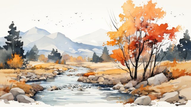 A watercolor painting of a mountain stream in the fall.
