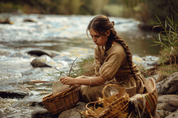 A young woman in Bronze Age attire, weaving a basket by a river
