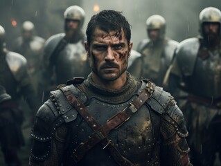 Fototapeta premium Warrior in Armor Stands Amidst Soldiers