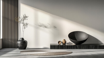 Elegant sculptural interiors with contrasting shadows. Minimalistic interior design composition.
