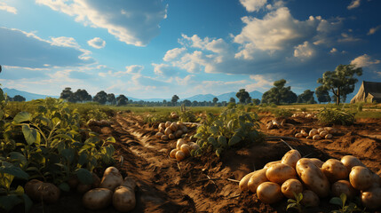 Discover the rustic charm of potatoes growing in the field. This realistic picture captures potatoes beneath the sunlight. Potatoes in various stages of growth illustrate farm life