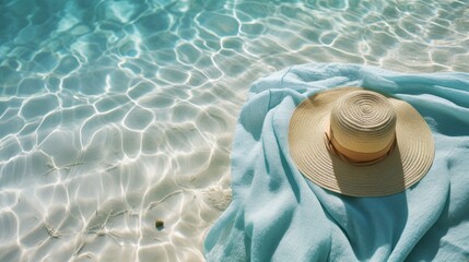 Beach accessories on the sandy seashore. Summer vacation concept. Straw hat and blue coat  on the sand. Space for text.