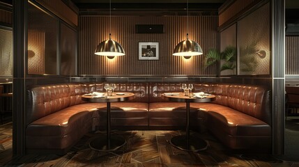 Naklejka premium Interior of Booth Style Restaurant with Brown Interior, luxury furniture. copy space for text.