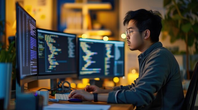 A software developer works on code late into the night, illuminated by the glow of multiple computer screens in a modern office. AIG41
