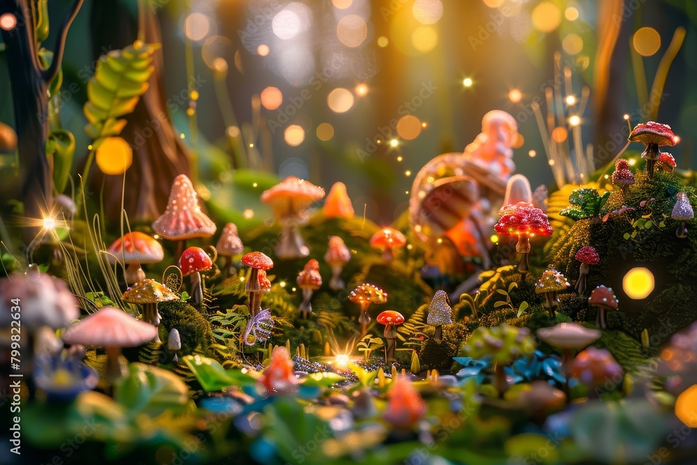 Poster a forest scene with many mushrooms and a shell