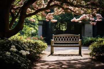 Fototapeta na wymiar Serene garden bench under blooming cherry blossom tree