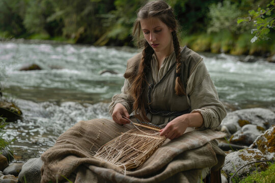 A young woman in Bronze Age attire, weaving a basket by a river
