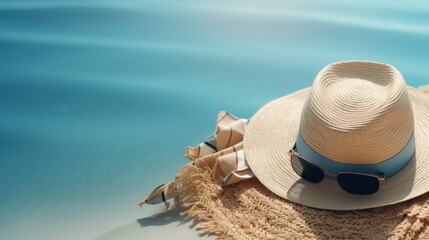 Beach accessories on the sandy seashore. Summer vacation concept. Straw hat, blue coat, and sunglasses on the sand. Space for text. - obrazy, fototapety, plakaty