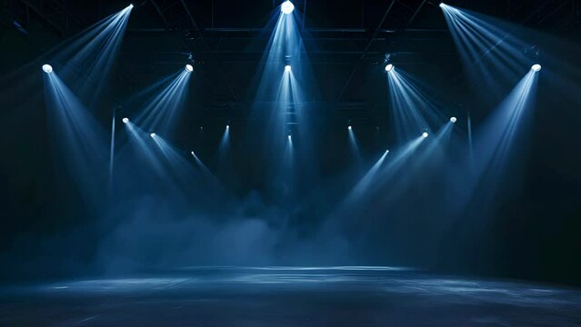 Empty concert stage with illuminated spotlights and smoke. Stage background with copy space