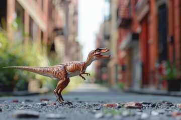 A dinosaur is standing on a sidewalk in front of a building