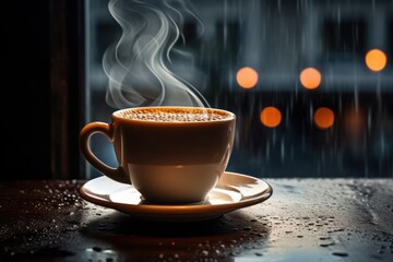 Steaming hot coffee on a rainy night