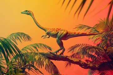 A dinosaur is walking on a tree branch